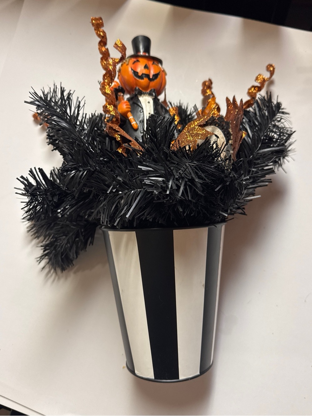 Spooky Chic Halloween Pumpkin Top Hat Centerpiece Black White Stripe Bucket